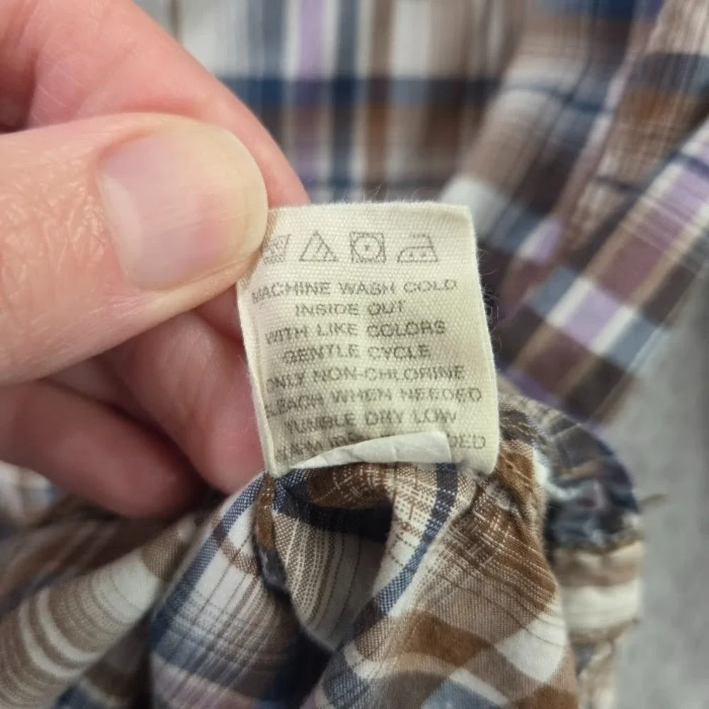 Fossil 54 Authentic Men's Small Vintage Fit Plaid Western Pearl Snap Shirt Brown